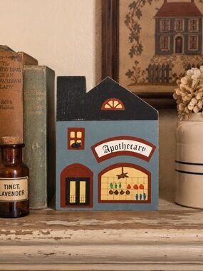 Vintage 1983 Cat’s Meow Apothecary Wooden House Shelf Sitter Folk Art Decor